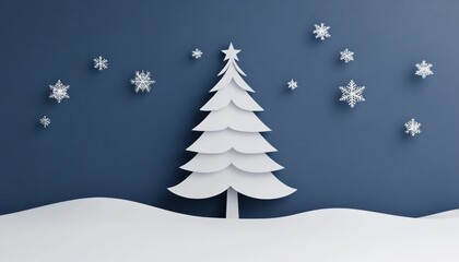 A white paper Christmas tree on a blue background with snowflakes, creating a festive and minimal winter scene.