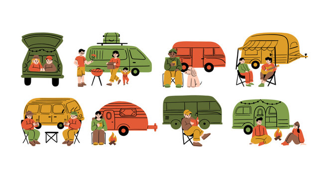 Car Camping Adventures with Friends and Family. A collection of 8 hand-drawn illustrations featuring people enjoying car camping, outdoor relaxation, and travel adventures in nature