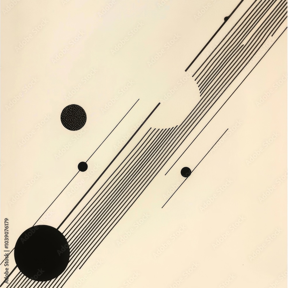 Poster Black lines traverse a light backdrop, intersecting with circles of different sizes, creating a striking minimalistic design. Generative AI