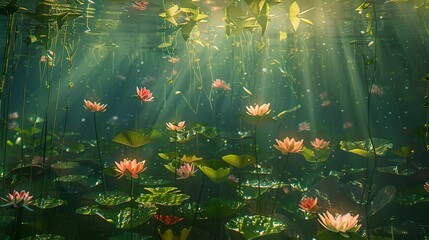 A close-up underwater view of water lilies and reeds, with sunlight filtering...