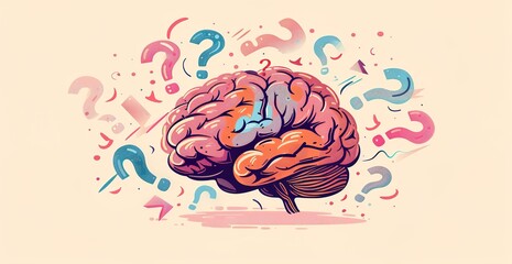 A colorful illustration of the human brain with question marks floating...