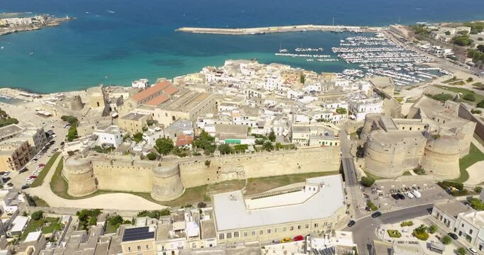 Panoramic aerial view of the castle and Norman cathedral in the historic center of Otranto in the province of Lecce, Salento, Puglia. Located on the Adriatic Sea, it is the easternmost city in Italy.