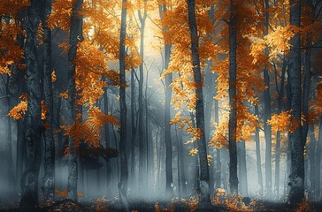 A forest scene with sunlight filtering through the leaves, creating an...