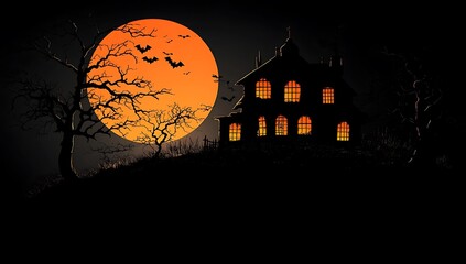 House Illuminated with Lights Under a Full Moon


