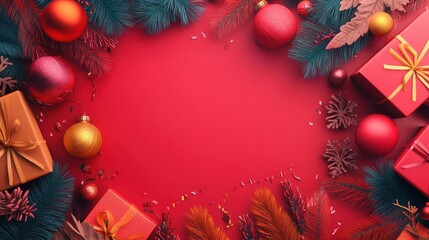 Festive Christmas Border with Red Baubles and Gift Wraps for a Joyful Holiday Celebration