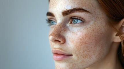 Before-and-after close-up of skin with melasma, emphasizing the fading of dark spots and the smooth, uniform complexion after treatment, Realistic, Neutral Background