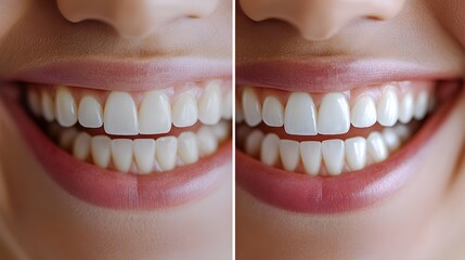 Fototapeta premium Before-and-after teeth whitening photos, showing the remarkable change in brightness from a yellowish tint to sparkling white teeth