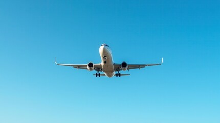 Fototapeta premium Airplane in the blue sky flying airplane close up in the air