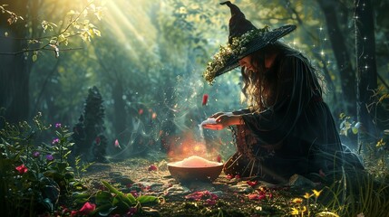 A witch casting a protective spell with salt, herbs, and crystals in a forest...