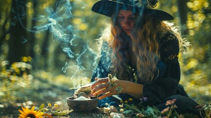A witch casting a protective spell with salt, herbs, and crystals in a forest...