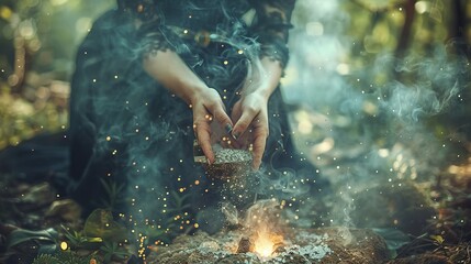 A witch casting a protective spell with salt, herbs, and crystals in a forest...