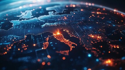 Obraz premium Digital Earth Map with Glowing Points and Lines