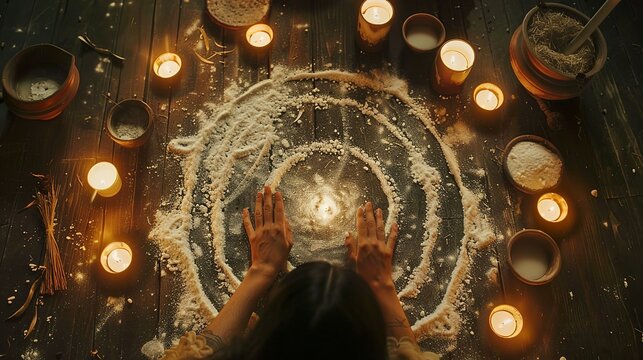 A witch drawing a protective circle with salt, with candles and ritual tools...