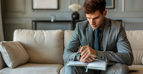 Fototapeta premium A young man in business attire sitting on the couch with his hands crossed...
