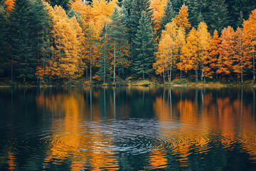 Obraz premium A tranquil lake mirrors the vibrant autumn foliage of dense forest under gentle breeze