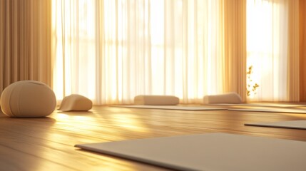 Fototapeta premium A tranquil yoga studio with soft lighting and mats arranged for a meditation session, Yoga studio scene, Serenity and mindfulness style