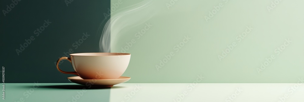 Poster The steam softly curls upwards from a tea cup set on a plate, creating a tranquil and inviting atmosphere. Generative AI