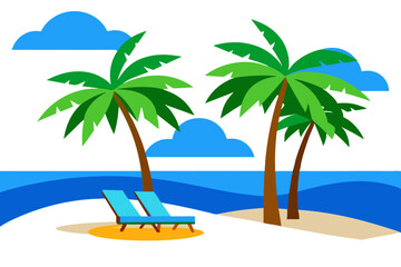 Coconut trees and beach couches with blue sky. Landscape photo of Coconut trees and couches on white sand beach with blue sky