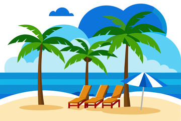 Coconut trees and beach couches with blue sky. Landscape photo of Coconut trees and couches on white sand beach with blue sky