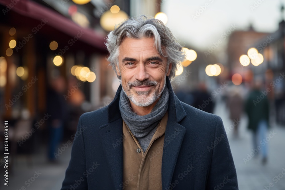 Wall mural Portrait of a handsome middle-aged man with gray hair and a beard wearing a coat and a scarf on a city street.