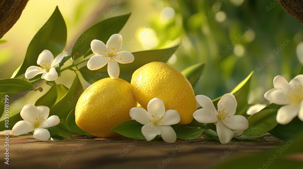 Canvas Prints   Lemons on a wooden table with white flowers and green foliage