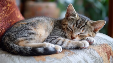 Cute cat curled up sleeping on a cushion, representing relaxation and recovery