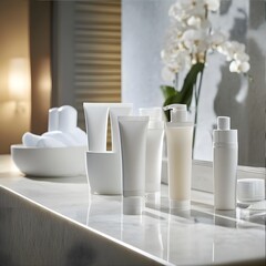 a straight on image of cosmetic tubes in various heights sitting on a counter of a spa