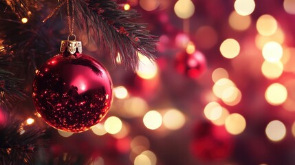 Festive Christmas Tree with Red Baubles and Bright Bokeh Lighting in Cozy Holiday Atmosphere