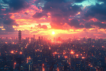 Obraz premium Urban skylines during twilight, with a blend of fading daylight and rising city lights, evoke a sense of transition. Concept of urban transitions.