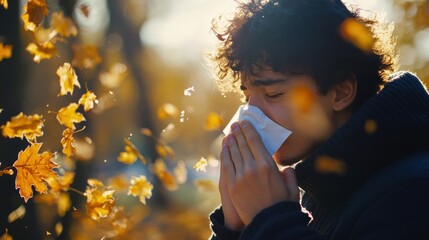 Person sneezing with a tissue, surrounded by falling autumn leaves, representing seasonal allergies