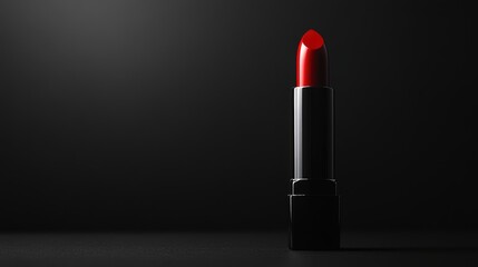 Red lipstick tube standing upright on a solid black background with copy space
