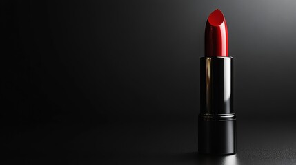 Red lipstick tube standing upright on a solid black background with copy space