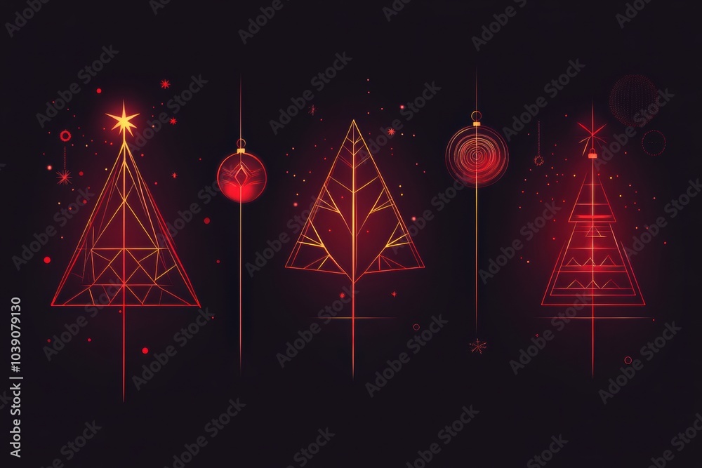 Poster glowing lines create minimalist silhouettes of christmas trees and ornaments, radiating festive chee