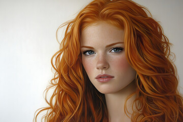 Obraz premium Redhead Beauty: A captivating portrait of a woman with vibrant red hair and piercing blue eyes, exuding confidence and allure. The soft light and subtle makeup enhance her natural beauty.