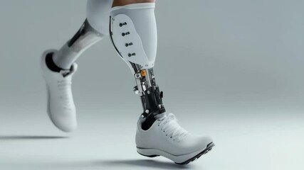 Man amputee with prosthetic robotic bionic leg. Modern technology, prosthesis medicine. Summer Paralympic Games. International Day of Persons with Disabilities
