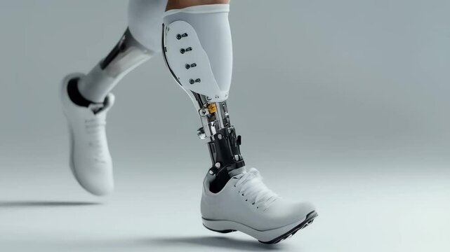 Man amputee with prosthetic robotic bionic leg. Modern technology, prosthesis medicine. Summer Paralympic Games. International Day of Persons with Disabilities