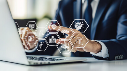 Business professional managing AI-driven operations; utilizing a digital interface to optimize and control artificial intelligence applications in various business processes.