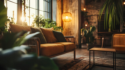 Fototapeta premium Urban Jungle Retreat: A sunlit, industrial-chic living room, brimming with lush greenery and a cozy mustard-colored sofa, invites relaxation and tranquility. 