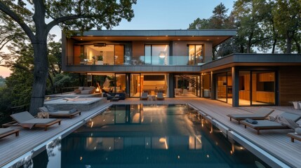 Fototapeta premium Modern Luxury Home at Dusk with Illuminated Interior