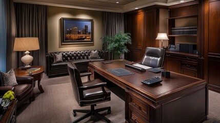 A spacious, well-lit office with a large desk, leather chairs, and a couch. There is a plant in the corner and a picture of a city skyline on the wall.