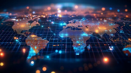 Obraz premium Digital World Map with Interconnected Nodes and Lines