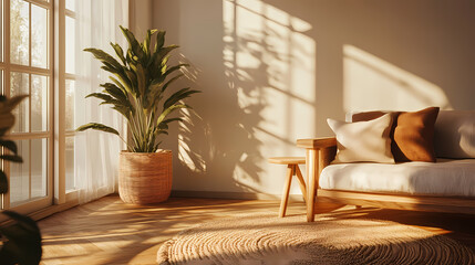 Golden Hour Living Room: Warm sunlight streams through a window, illuminating a cozy living room scene with a comfortable sofa, a potted plant, and a side table.