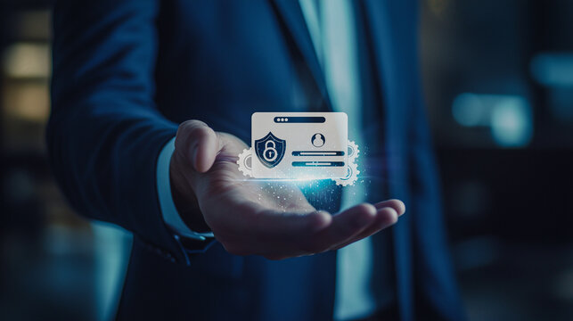 Business executive showcasing a digital hologram of a secure server; emphasizing advanced data protection and network security in a corporate setting.