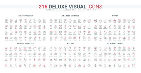 Nature disaster risk, DNA and biotechnology research in laboratory, recycling line icon set. Honey and plant cultivation, beekeeper in lab thin black and red outline symbols vector illustration