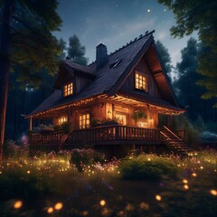 Casinha iluminada na floresta