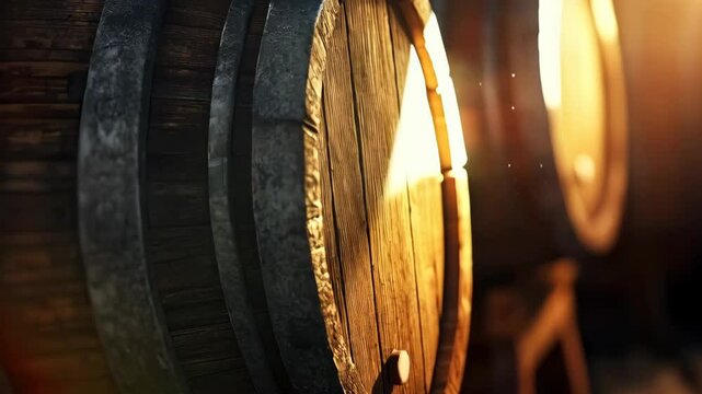 Wooden wine or cognac oak barrels stacked in cool cellar in distillery house. Craft beer or brandy production. Winery and winemaking. Wine aging process
