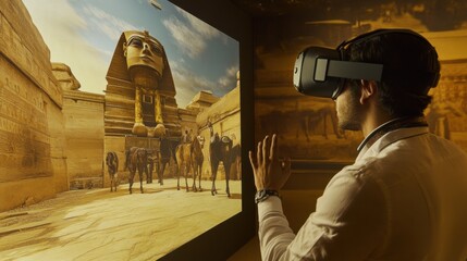 A traveler exploring virtual reality simulations of historical events and ancient civilizations from a VR history museum, Modern lifestyle scene, VR historical exploration style