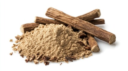 Licorice powder with licorice roots isolated on white surface background