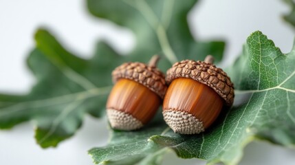 Two acorns with leaves isolated on center white surface background