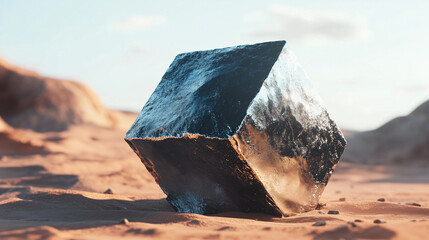 Icy Metallic Cube in Desert Landscape